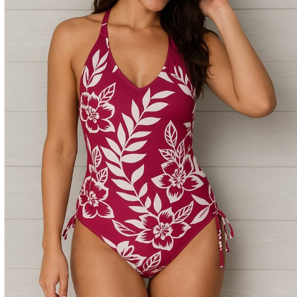 Kona Sol One Piece Swimsuit Size Medium Burgundy Floral Ring Halter - Picture 1 of 6